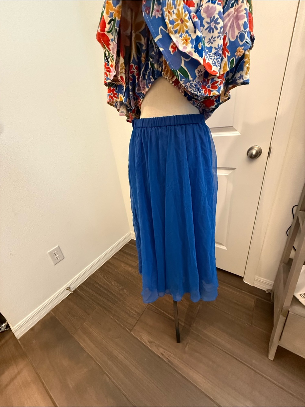 Blue Midi Skirt with Elastic Waist